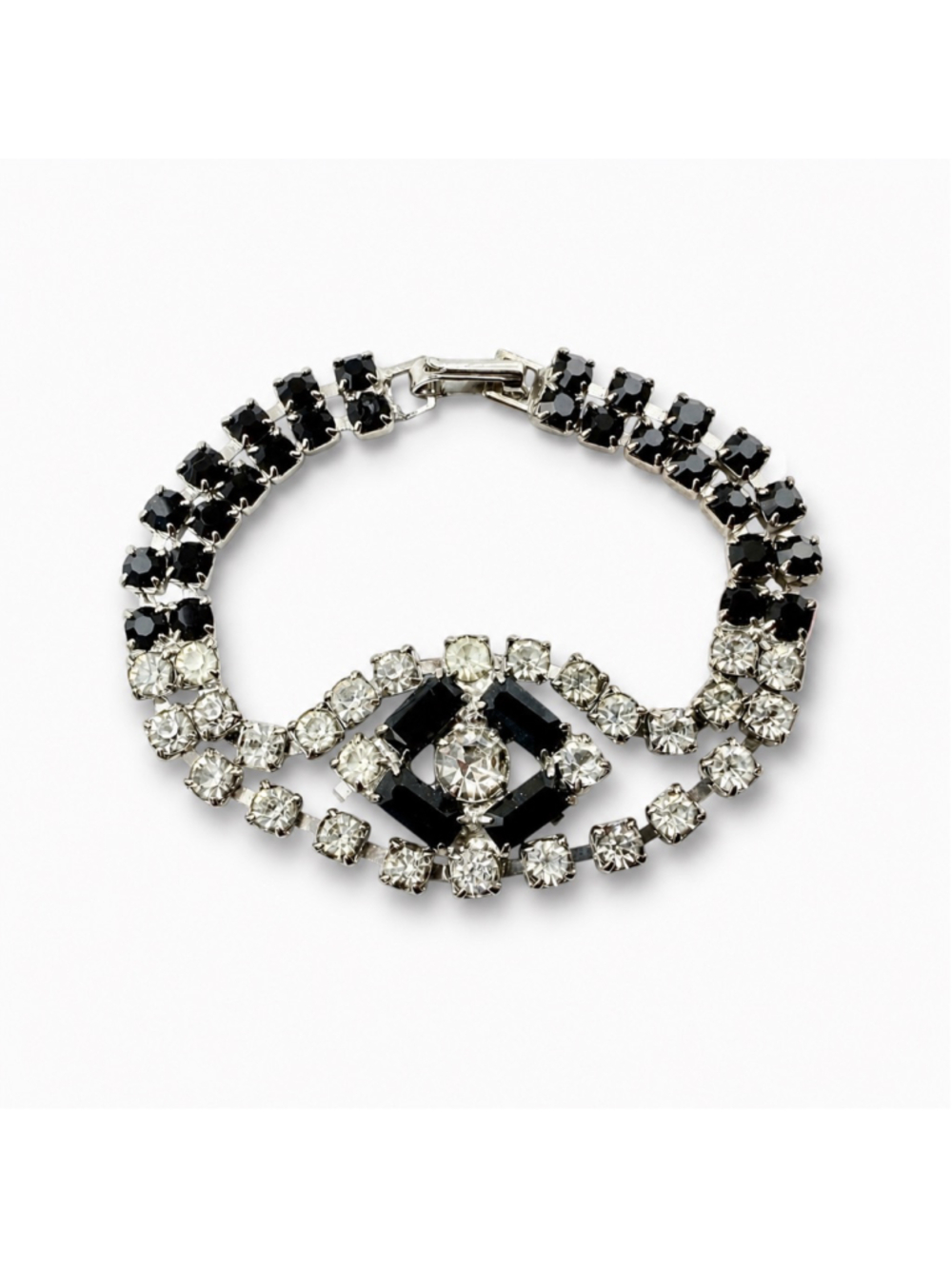 Vintage 1940s Black & Clear Rhinestone Bracelet, Art Deco Style Crystal Link